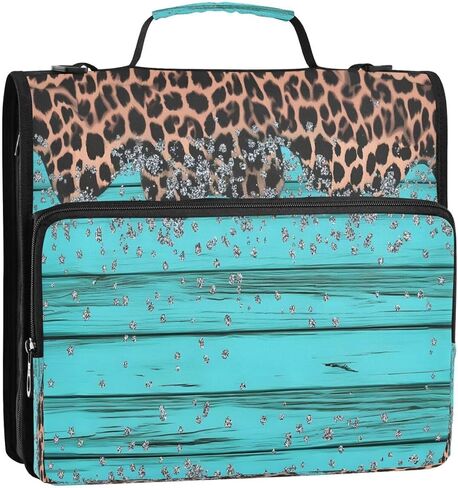 ALAZA Leopard Blue Wood Blue Zipper Binder 3 Ring Binder Organizer with Zipper and Shoulder Strap Large Capacity Multi-Pocket for Office Supplies Work in Kuwait