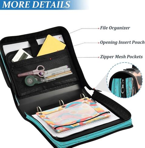 ALAZA Leopard Blue Wood Blue Zipper Binder 3 Ring Binder Organizer with Zipper and Shoulder Strap Large Capacity Multi-Pocket for Office Supplies Work in Kuwait