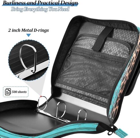ALAZA Leopard Blue Wood Blue Zipper Binder 3 Ring Binder Organizer with Zipper and Shoulder Strap Large Capacity Multi-Pocket for Office Supplies Work in Kuwait