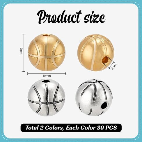 PH PandaHall 60pcs Alloy Basketball Beads 10mm Gold Silver Sports Charms Sports Beads for DIY Crafts Bracelets Necklaces Jewelry Making Christmas Birthday Party Decoration in Kuwait