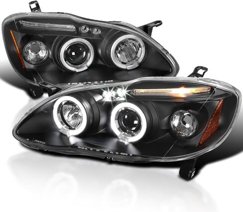 SPEC-D ضبط هالو LED عدسات دخانية لامعة سوداء اللون للمصابيح الأمامية لجهاز العرض متوافقة مع تويوتا كورولا 2003-2008، مجموعة المصابيح الأمامية اليسرى + اليمنى in Kuwait