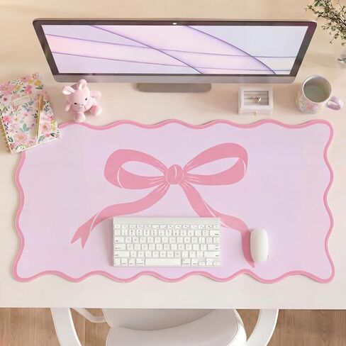 Hahafelt Large Pink Bow Scalloped Desk Mat 31. 5" x 15. 7" Cute Bow Mouse Pad Coquette Kawaii Computer Mousepad Big Preppy Aesthetic Table Decor Non-Slip Rubber Base Mat for Women Office Home in Kuwait