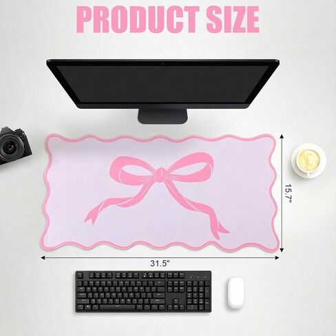 Hahafelt Large Pink Bow Scalloped Desk Mat 31. 5" x 15. 7" Cute Bow Mouse Pad Coquette Kawaii Computer Mousepad Big Preppy Aesthetic Table Decor Non-Slip Rubber Base Mat for Women Office Home in Kuwait
