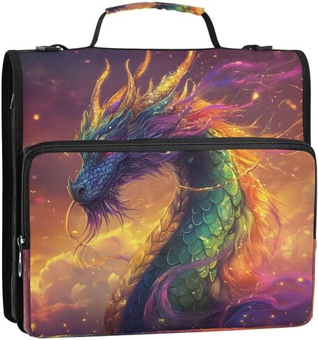 ALAZA Dragon Rainbow Color Zipper Binder 3 Ring Binder Organizer with Zipper and Shoulder Strap Large Capacity Multi-Pocket for Office Supplies Work in Kuwait