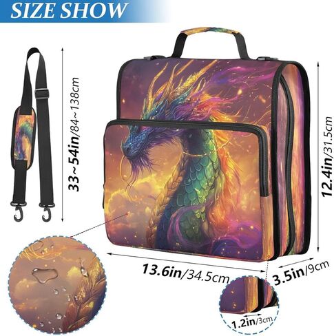 ALAZA Dragon Rainbow Color Zipper Binder 3 Ring Binder Organizer with Zipper and Shoulder Strap Large Capacity Multi-Pocket for Office Supplies Work in Kuwait