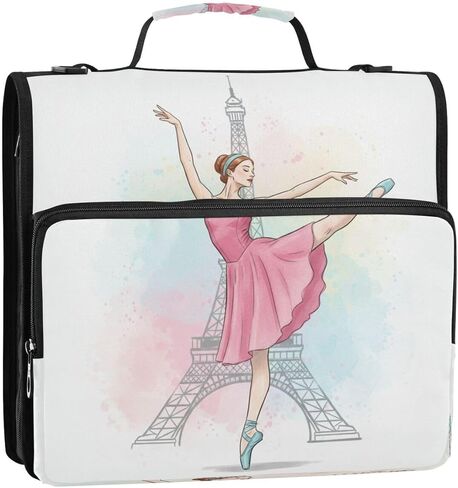 ALAZA Paris Eiffel Tower France Watercolor Ballerina Zipper Binder 3 Ring Binder Organizer with Zipper and Shoulder Strap Large Capacity Multi-Pocket for Office Supplies Work in Kuwait