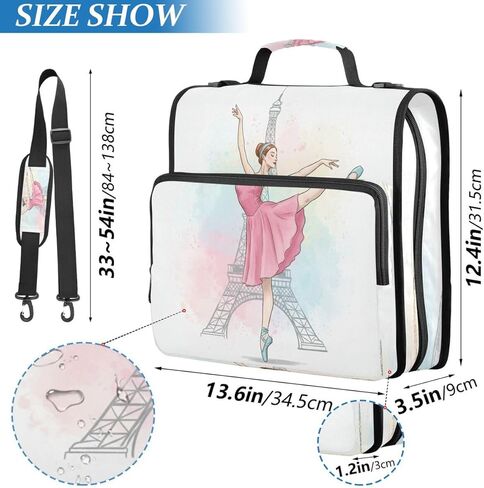 ALAZA Paris Eiffel Tower France Watercolor Ballerina Zipper Binder 3 Ring Binder Organizer with Zipper and Shoulder Strap Large Capacity Multi-Pocket for Office Supplies Work in Kuwait