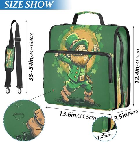 ALAZA Green St. Patrick's Day Clover Shamrock أنيق بسحاب الموثق 3 حلقات منظم مع سحاب وحزام الكتف سعة كبيرة متعددة جيوب للعمل اللوازم المكتبية in Kuwait