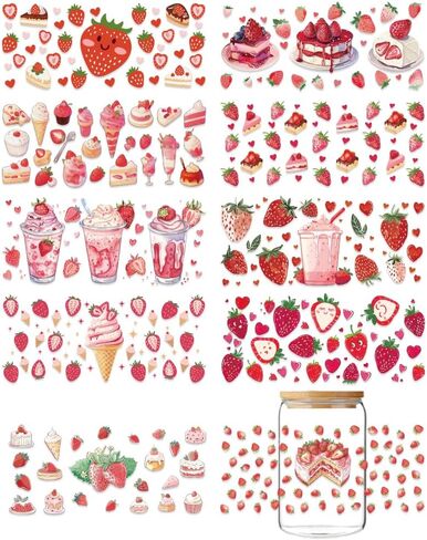 10 Sheets Strawberry UV DTF Wraps, UV DTF Cup Wraps Pink Strawberries Ice Cream Rub on Transfer Stickers Decal for 16 Oz Glass Cups Cups Container Decor in Kuwait