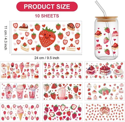 10 Sheets Strawberry UV DTF Wraps, UV DTF Cup Wraps Pink Strawberries Ice Cream Rub on Transfer Stickers Decal for 16 Oz Glass Cups Cups Container Decor in Kuwait