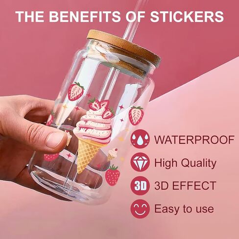 10 Sheets Strawberry UV DTF Wraps, UV DTF Cup Wraps Pink Strawberries Ice Cream Rub on Transfer Stickers Decal for 16 Oz Glass Cups Cups Container Decor in Kuwait
