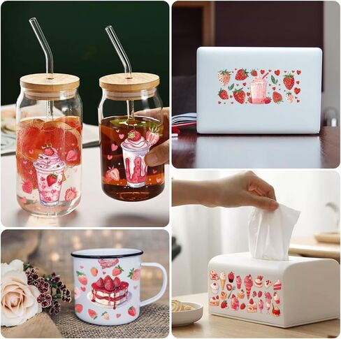10 Sheets Strawberry UV DTF Wraps, UV DTF Cup Wraps Pink Strawberries Ice Cream Rub on Transfer Stickers Decal for 16 Oz Glass Cups Cups Container Decor in Kuwait