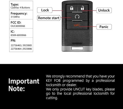 Car Key Fob Remote Keyless Entry Control OUC6000066 315MHz 4 Button Replacement for 2007-2014 Cadillac Escalade ESV EXT - 2 Pack in Kuwait