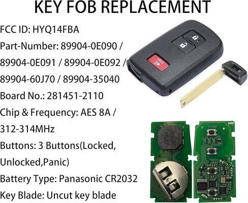 Smart Key Fob for Toyota Highlander 2016-2019, Alliskeys Proximity Remote Control Key Fob Compatible for Toyota Highlander Tacoma 2016-2019 HYQ14FBA 89904-35040 281451-2110 in Kuwait