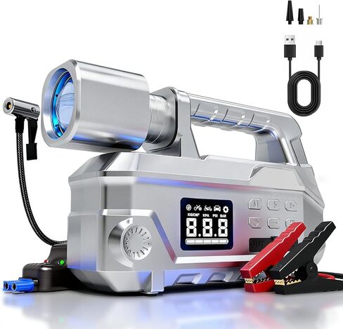 بادئ تشغيل السيارة مع ضاغط هواء وإضاءة LED 950LM، حزمة قافز محمولة بقوة 6000 أمبير 150 رطل لكل بوصة مربعة، مجموعة صندوق قفز 12 فولت مع كابلات قافز، منفاخ إطارات ذات إغلاق تلقائي (حتى 9 لتر غاز/7.5 لتر ديزل) in Kuwait