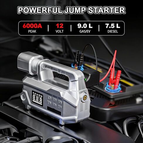 بادئ تشغيل السيارة مع ضاغط هواء وإضاءة LED 950LM، حزمة قافز محمولة بقوة 6000 أمبير 150 رطل لكل بوصة مربعة، مجموعة صندوق قفز 12 فولت مع كابلات قافز، منفاخ إطارات ذات إغلاق تلقائي (حتى 9 لتر غاز/7.5 لتر ديزل) in Kuwait