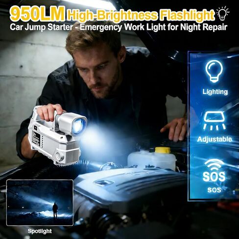 بادئ تشغيل السيارة مع ضاغط هواء وإضاءة LED 950LM، حزمة قافز محمولة بقوة 6000 أمبير 150 رطل لكل بوصة مربعة، مجموعة صندوق قفز 12 فولت مع كابلات قافز، منفاخ إطارات ذات إغلاق تلقائي (حتى 9 لتر غاز/7.5 لتر ديزل) in Kuwait