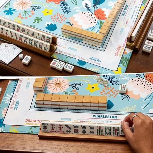 Mahjong Mat 33"x33" for Table with Two Dices Non Slip Noise Reduction, Green Flower American Mahjong Mat with Rules for Mah Jong Poker Board Games Dominoes and Card in Saudi Arabia