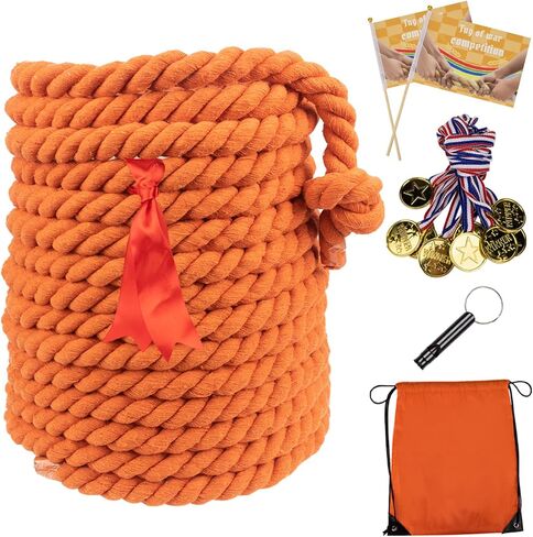 40FT Tug of War Rope,Tug a War Rope,Tug of War Rope Adult with Cotton Rope,10 Medals,2 Flags,Whistle,Ribbon and Storage Bag,Orange ,Field Day Games,Outdoor Games,Family Reunion and Team Building Games in Saudi Arabia