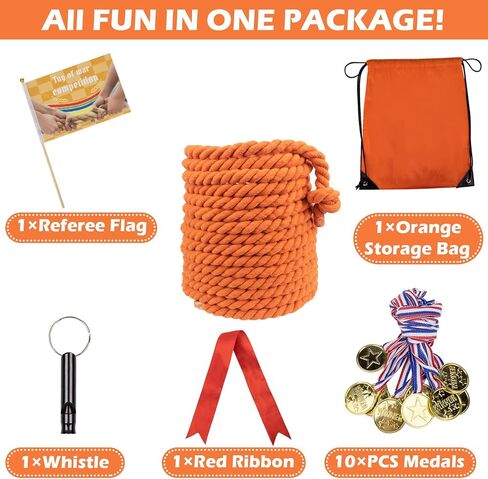 40FT Tug of War Rope,Tug a War Rope,Tug of War Rope Adult with Cotton Rope,10 Medals,2 Flags,Whistle,Ribbon and Storage Bag,Orange ,Field Day Games,Outdoor Games,Family Reunion and Team Building Games in Saudi Arabia