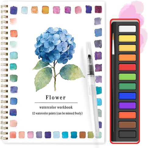 Watercolor Workbook Set,Water Coloring Book Set,12 Different Patterns of Original DIY Designs,12-Color Watercolor Paint Set with Paintbrush,Beginner-Friendly Watercolor Workbooks (flower) in Saudi Arabia
