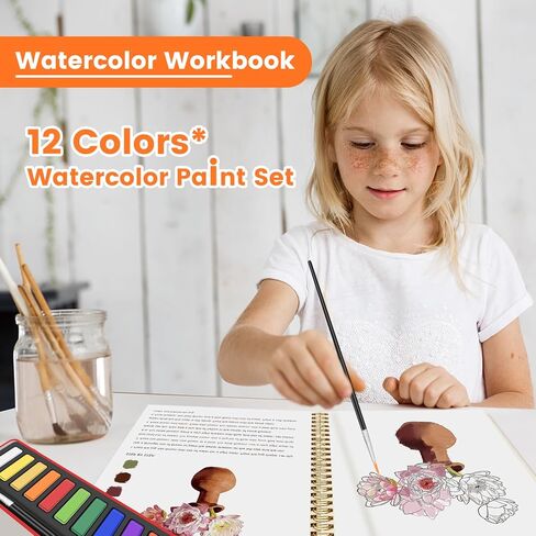 Watercolor Workbook Set,Water Coloring Book Set,12 Different Patterns of Original DIY Designs,12-Color Watercolor Paint Set with Paintbrush,Beginner-Friendly Watercolor Workbooks (flower) in Saudi Arabia