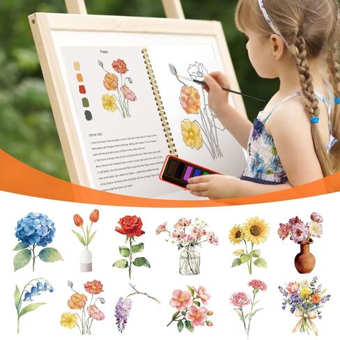 Watercolor Workbook Set,Water Coloring Book Set,12 Different Patterns of Original DIY Designs,12-Color Watercolor Paint Set with Paintbrush,Beginner-Friendly Watercolor Workbooks (flower) in Saudi Arabia