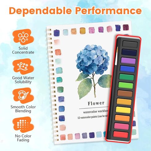 Watercolor Workbook Set,Water Coloring Book Set,12 Different Patterns of Original DIY Designs,12-Color Watercolor Paint Set with Paintbrush,Beginner-Friendly Watercolor Workbooks (flower) in Saudi Arabia