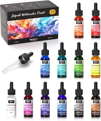 Nicpro 12 Colors Liquid Watercolor Paint Set, 30ml (1oz) Ink Dropper Bottles, Liquid Watercolor Paint, Non-Toxic Water Colors Painting Supplies for Calligraphy, Illustration, Journaling & Crafts in Kuwait