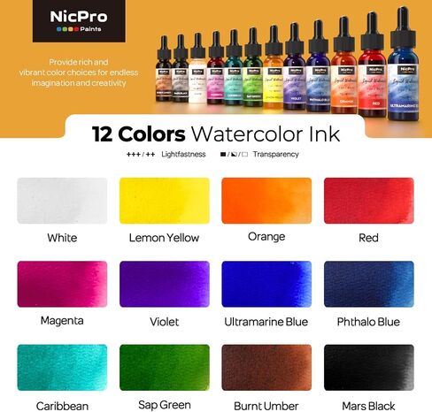 Nicpro 12 Colors Liquid Watercolor Paint Set, 30ml (1oz) Ink Dropper Bottles, Liquid Watercolor Paint, Non-Toxic Water Colors Painting Supplies for Calligraphy, Illustration, Journaling & Crafts in Kuwait