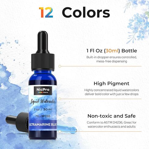 Nicpro 12 Colors Liquid Watercolor Paint Set, 30ml (1oz) Ink Dropper Bottles, Liquid Watercolor Paint, Non-Toxic Water Colors Painting Supplies for Calligraphy, Illustration, Journaling & Crafts in Kuwait