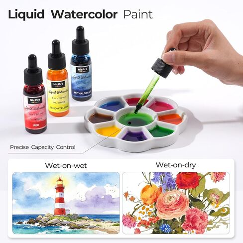 Nicpro 12 Colors Liquid Watercolor Paint Set, 30ml (1oz) Ink Dropper Bottles, Liquid Watercolor Paint, Non-Toxic Water Colors Painting Supplies for Calligraphy, Illustration, Journaling & Crafts in Kuwait