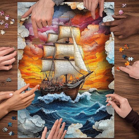 PICKFORU Sailboat 1000 Piece Puzzle for Adults, Colorful Sunset Sea Jigsaw Puzzles Boat, Gradient Ocean Stone Carving Theme Puzzle in Kuwait