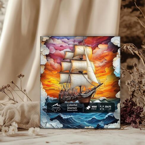 PICKFORU Sailboat 1000 Piece Puzzle for Adults, Colorful Sunset Sea Jigsaw Puzzles Boat, Gradient Ocean Stone Carving Theme Puzzle in Kuwait