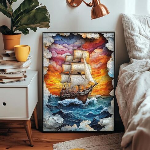 PICKFORU Sailboat 1000 Piece Puzzle for Adults, Colorful Sunset Sea Jigsaw Puzzles Boat, Gradient Ocean Stone Carving Theme Puzzle in Kuwait