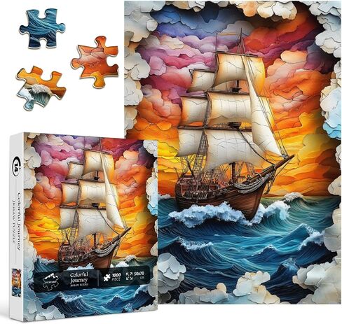PICKFORU Sailboat 1000 Piece Puzzle for Adults, Colorful Sunset Sea Jigsaw Puzzles Boat, Gradient Ocean Stone Carving Theme Puzzle in Kuwait