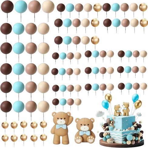 101 Pcs Teddy Bear Cake Topper Blue Brown Gold Khaki Mini Foam Balls Cake Decorations for Bear Birthday Party Baby Shower Wedding Cupcake Toppers in Kuwait