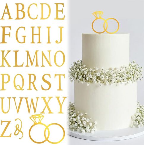 Wedding Cake Toppers Diamond Ring Personalized Cake Topper with 26 Letter Bride and Groom Initial Sign Custom Cakes Topper Wedding Toppers for Cakes - Gold Acrylic in Saudi Arabia