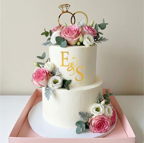 Wedding Cake Toppers Diamond Ring Personalized Cake Topper with 26 Letter Bride and Groom Initial Sign Custom Cakes Topper Wedding Toppers for Cakes - Gold Acrylic in Saudi Arabia