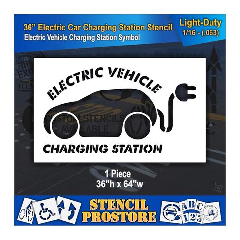 Pavement Stencils - 36 in - Car with Plug with Electric Vehicle Charging Station Stencil - 36'' x 64'' x 1/16" (63 mil) - Light-Duty in Saudi Arabia
