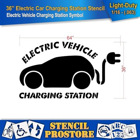 Pavement Stencils - 36 in - Car with Plug with Electric Vehicle Charging Station Stencil - 36'' x 64'' x 1/16" (63 mil) - Light-Duty in Saudi Arabia