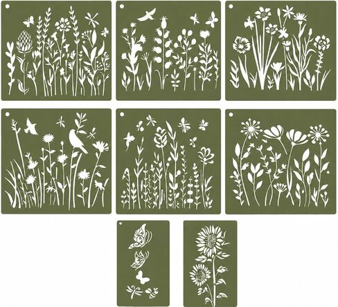 8-Piece Wall Stencil Kit for Painting, Large & Small Reusable Floral Stencils for DIY Furniture, Fabric & Home Décor | Perfect for Crafting, Journaling, Outdoor Mats & Plaster Stencils for Walls in Saudi Arabia