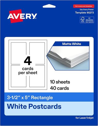 Avery Printable Rectangle Cards, 3.5" x 5", Matte White Cardstock, Print-to-the-Edge, Laser/Inkjet Cards, 200 Total in Kuwait