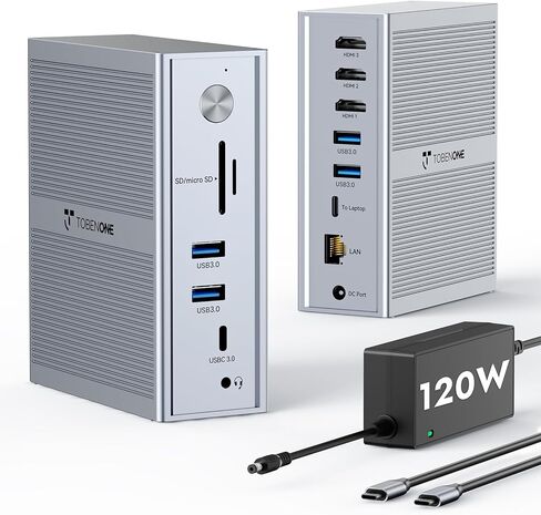 TobenONE DisplayLink Docking Station 3 Monitors, 14-in-1 USB C Triple Monitor Docking Station for M1 M2 M3 M4 MacBook/Mac mini, Windows, Chrome (3HDMI, 120W Power Supply, 5 USB, Ethernet, SD/Micro SD in Kuwait