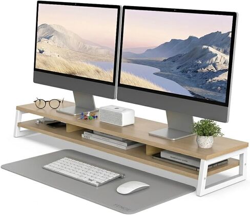 Fenge Dual Monitor Stand with Drawer & Desk Pad Bundle, 42.5 Inch 2-Tier Wooden Monitor Riser (Wooden & Metal Structure) & 23.6×13.8 Inch Double-Sided Waterproof Mouse Mat for Home Office in Saudi Arabia