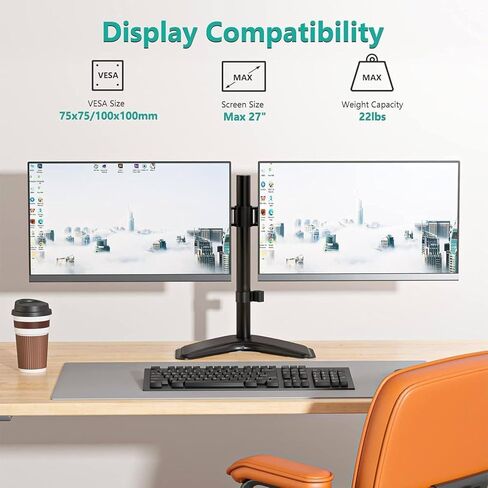 Adjustable Dual Monitor Stand for 27 Screens - Vesa 75x75 & 100x100mm, Height Adjustable Desk Mount with Tilt, Swivel, Rotate - Supports 22lbs Per Arm, Sturdy Base for Home & Office in Saudi Arabia