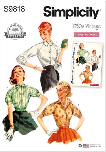 Simplicity SS9818R5 Simple to Make Misses' Vintage 1950's Blouses Sewing Pattern Kit, Design Code S9818, Sizes 14-16-18-20-22 in Kuwait