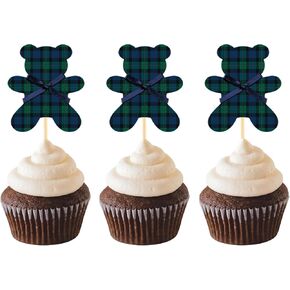 36 Pcs Green Blue Tartan Plaids Cupcake Toppers Bear Baby Shower Cake Decorations Vintage Tartan Preppy Bear Cupcake Toppers for Baby Shower Birthday Gender Reveal Party in Saudi Arabia
