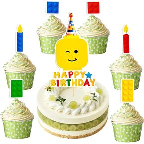Building Blocks Cupcake Toppers Brick Theme Drink Cake Toppers Pick for Muffin Baby Shower Kids Boy Girl Birthday Party Cake Decorations - 25 Pack in Kuwait