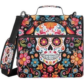 ALAZA Halloween Sugar Skull Flower Floral Zipper Binder 3 Ring Binder Organizer with Zipper and Shoulder Strap Large Capacity Multi-Pocket for Office Supplies Work in Saudi Arabia